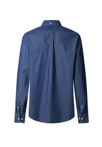 Denim overhemd met lange mouwen in donkerblauw, met een puntige kraag, knoopmanchetten en een plooi aan de achterkant, met een gladde textuur en een klassiek ontwerp.