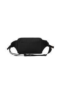 Borsa a vita nera e rettangolare, realizzata in tessuto resistente; dotata di una tasca con zip anteriore e una tracolla regolabile per un indossamento sicuro.