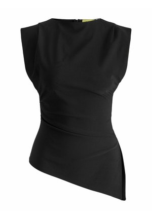 Černý těsně přiléhající top se strukturovanými rameny, asymetrickým lemem a skrytým zipem na zadní straně. Vyrobeno z hladké, lehké látky.
