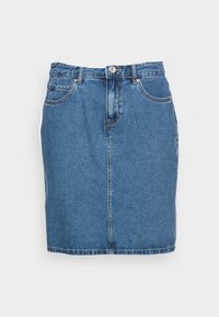 Saia de ganga em azul claro, com design clássico de cinco bolsos, cintura média com fecho por botão e silhueta reta.