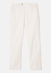 Beiga bomullsbyxor med rak skärning, sidofickor, knappstängning fram och en mjuk yta. Har rena linjer och minimal detalj.