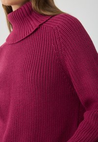 Tuvumā redzams cilvēks, kurš valkā biezā magentā krāsu, ribotu augstākā kakla džemperi ar salocītu apkakli un garām piedurknēm.