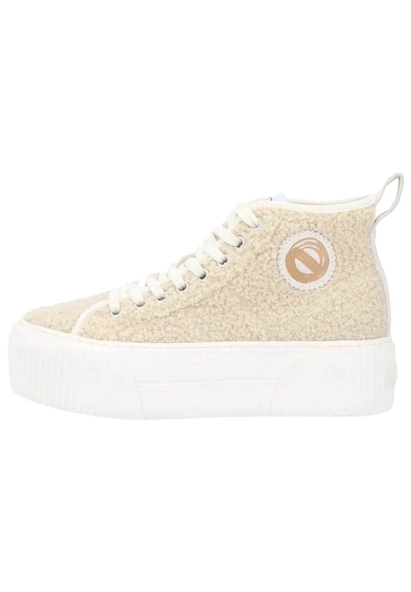 Zapatillas altas beiges hechas de material texturizado, con una suela de plataforma blanca y un logo circular en el costado. Diseño de cordones.