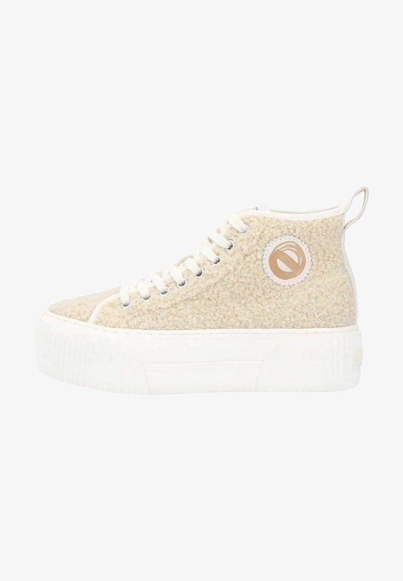 Zapatillas altas beiges hechas de material texturizado, con una suela de plataforma blanca y un logo circular en el costado. Diseño de cordones.