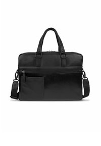 Borsa per laptop nera con doppi manici, tracolla regolabile, tasca frontale con zip e texture rigata su un lato. Realizzata in materiale resistente.