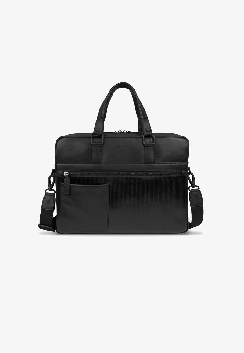 Schwarz Laptop-Tasche mit zwei Griffen, verstellbarem Schultergurt, Vordertasche mit Reißverschluss und gerippter Textur auf einer Seite. Hergestellt aus strapazierfähigem Material.