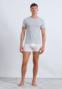 Grå bomulls t-skjorte, kortermet, kombinert med hvite boxershorts. Modell står barbeint på grått gulv mot en ensfarget bakgrunn.