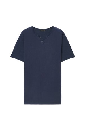 T-shirt blu navy a maniche corte con scollatura rotonda e una patta parziale con quattro bottoni, taglia XL.