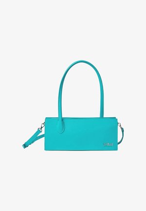 Borsa a tracolla sintetica turchese con forma rettangolare, due manici e una tracolla rimovibile. Caratterizzata da una superficie liscia e dettagli con logo.