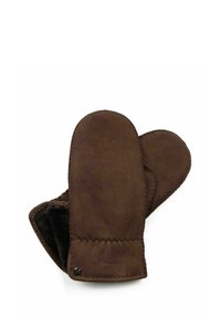 Braune Lederhandschuhe mit einem weichen Innenfutter, ovaler Form und gestickten Details, die ein kleines Logo-Accessoire am Bündchen aufweisen.