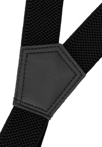 Schwarze Textil-Träger mit einem sechseckigen schwarzen Lederakzent an der Verbindung, ausgestattet mit strukturierten, gewebten Riemen für Langlebigkeit.