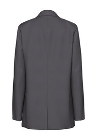 Blazer gris foncé à manches longues, vu de dos, avec un col cranté et une fente centrale unique en bas.
