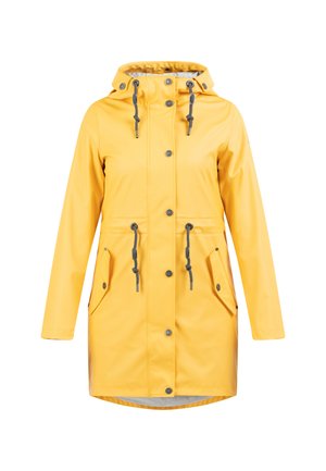 Žuta vodootporna kišna jakna s kapuljačom, koja ima sive uže za zatezanje, kopčanje na dugmad i dva prednja džepa. Glatka, sjajna textura.