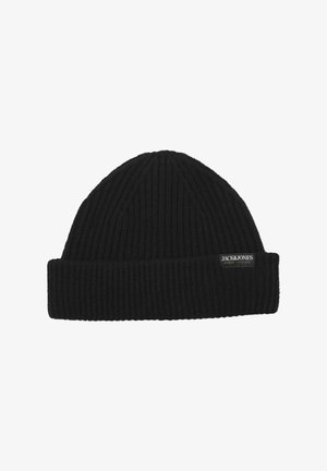 Megztas juodas beanie kepurė su raštuota tekstūra, turintis sulankstytą kraštą ir mažą Jack & Jones logotipo etiketę šone.