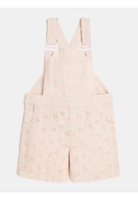 Lichtroze kindershortoveralls met bloemige eyelet- borduurontwerpen, verstelbare schouderbanden, een voorkant borstzak en zijzakken.