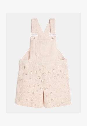 Lichtroze kindershortoveralls met bloemige eyelet- borduurontwerpen, verstelbare schouderbanden, een voorkant borstzak en zijzakken.