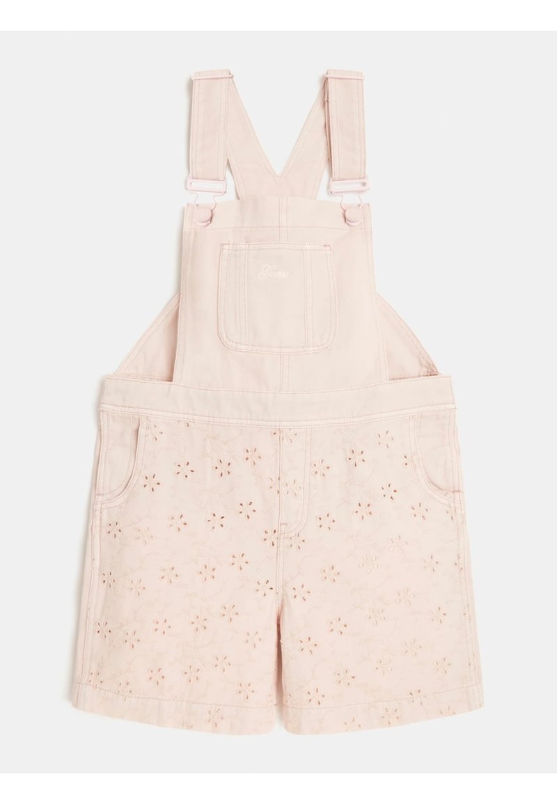 Lichtroze kindershortoveralls met bloemige eyelet- borduurontwerpen, verstelbare schouderbanden, een voorkant borstzak en zijzakken.