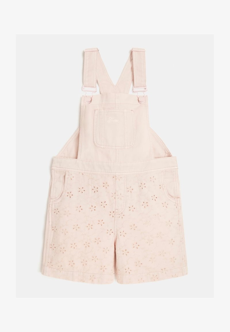 Lichtroze kindershortoveralls met bloemige eyelet- borduurontwerpen, verstelbare schouderbanden, een voorkant borstzak en zijzakken.
