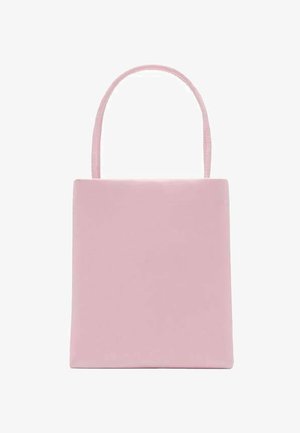 Rosa quadratische Handtasche mit glatter Textur, schlankem Griff und minimalistischem Design. Verfügt über keine Beschläge oder Akzente.