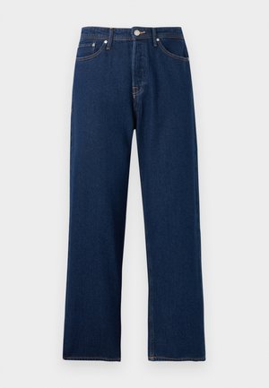 Temno modre široke kavbojke iz jeansa z zapiranjem na gumbe spredaj, z zankami za pas in petžepnim slogom na belem ozadju.