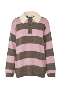 Maglione a maglia a strisce rosa e marrone con colletto crema, dotato di tre bottoni al collo e polsini e orlo a coste.