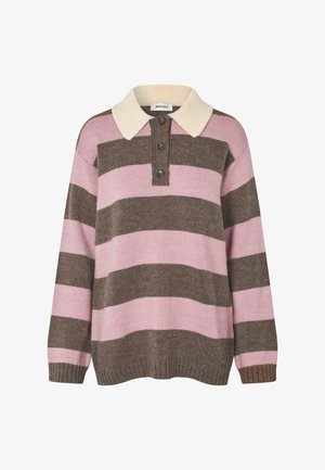 Knit pullover in pink and brown stripes with a cream collar, featuring three buttons at the neck and ribbed cuffs and hem.