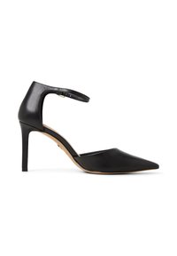 Black leather high-heel pump with a pointed toe, ankle strap, and a sleek design. Smooth texture with a beige sole.