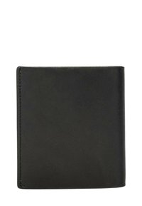 Czarny portfel ze skóry o gładkiej fakturze, z dwuklapowym designem i przeszytymi krawędziami. Kompaktowy, kwadratowy kształt, bez dodatkowych zdobień.