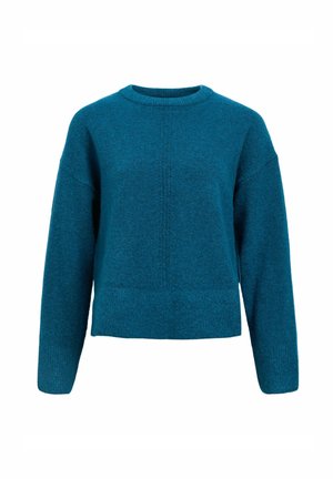 Sweter w kolorze niebiesko-skalistym z okrągłym dekoltem, długimi rękawami i teksturowanym wykończeniem. Posiada centralną linię szwu oraz skróconą sylwetkę.