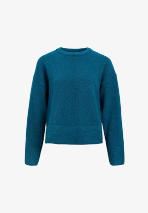 Sweter w kolorze niebiesko-skalistym z okrągłym dekoltem, długimi rękawami i teksturowanym wykończeniem. Posiada centralną linię szwu oraz skróconą sylwetkę.