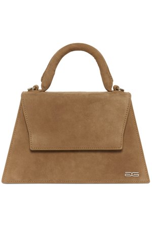 Brown suede handbag with a structured triangle shape, a top handle, and a flap closure. Features subtle logo detail on the side.