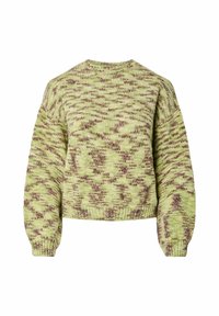 Strickpullover in Hellgrün mit braunen abstrakten Mustern, Rundhalsausschnitt und Puffärmel. Texturierter Stoff mit leicht verkürztem Schnitt.