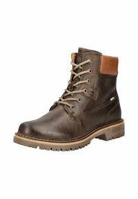 Brown leather ankle boot with tan accents, round toe, metal eyelets, and durable rubber sole featuring a patterned tread for traction.