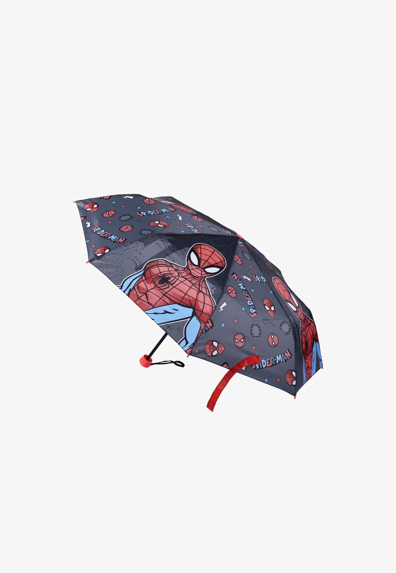 Ombrello a tema Spider-Man con una copertura grigia scura e accenti rossi e blu, illustrazioni di Spider-Man e motivi di ragni.