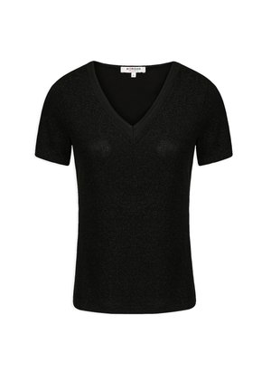 Top nero a maniche corte e scollo a V con una finitura morbida e testurizzata e un delicato lucido; presenta una silhouette pulita e aderente.
