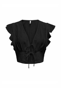 Schwarzes cropped Top mit tiefem V-Ausschnitt, Rüschensäumen und einem Bindeband in der Taille. Hergestellt aus einem strukturierten, leichtem Stoff.