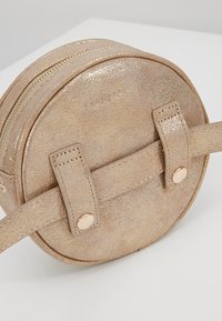 Sac banane rond métallique doré avec fermeture éclair et deux boucles à boutons-pression à l’arrière pour fixation à une ceinture.