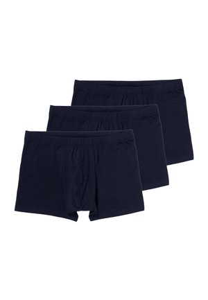 Tre boxer in cotone da uomo neri con cintura elastica, disposti in una formazione sovrapposta e sfalsata su uno sfondo bianco.