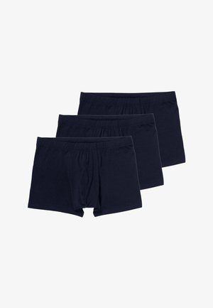 Tre boxer in cotone da uomo neri con cintura elastica, disposti in una formazione sovrapposta e sfalsata su uno sfondo bianco.