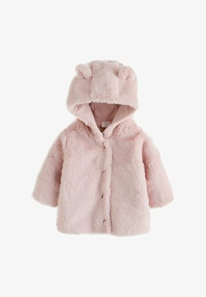 Manteau pour bébé en fausse fourrure rose avec une capuche ornée d'oreilles d'ours, boutons-pression et texture douce. Manches courtes et doublure en peluche.