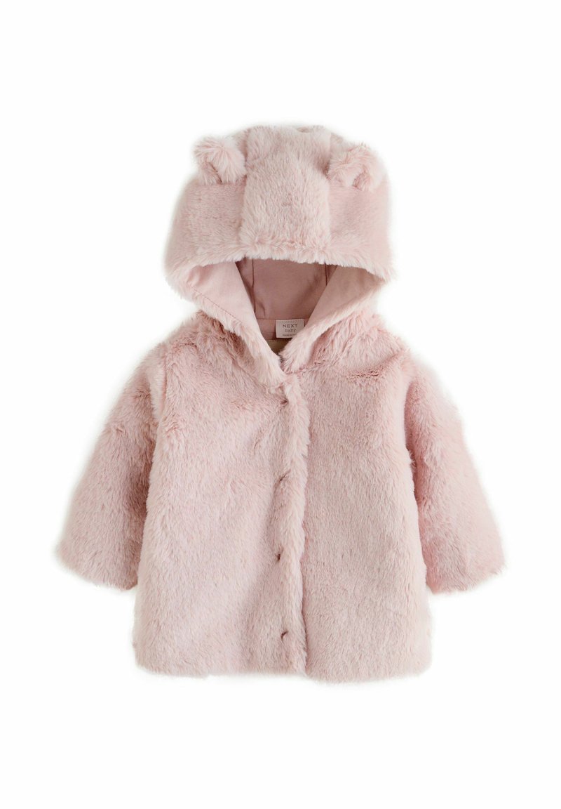 Pink faux fur baby coat with a hood featuring bear ears, snap buttons, and a soft texture. Short sleeves and plush lining.
