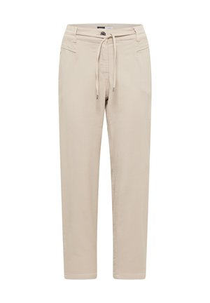 Béžové kalhoty s rovnými nohavicemi, předním knoflíkem, pasem se stahovací šňůrkou a bočními kapsami, vyrobené z hladké látky.