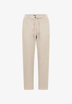 Béžové kalhoty s rovnými nohavicemi, předním knoflíkem, pasem se stahovací šňůrkou a bočními kapsami, vyrobené z hladké látky.