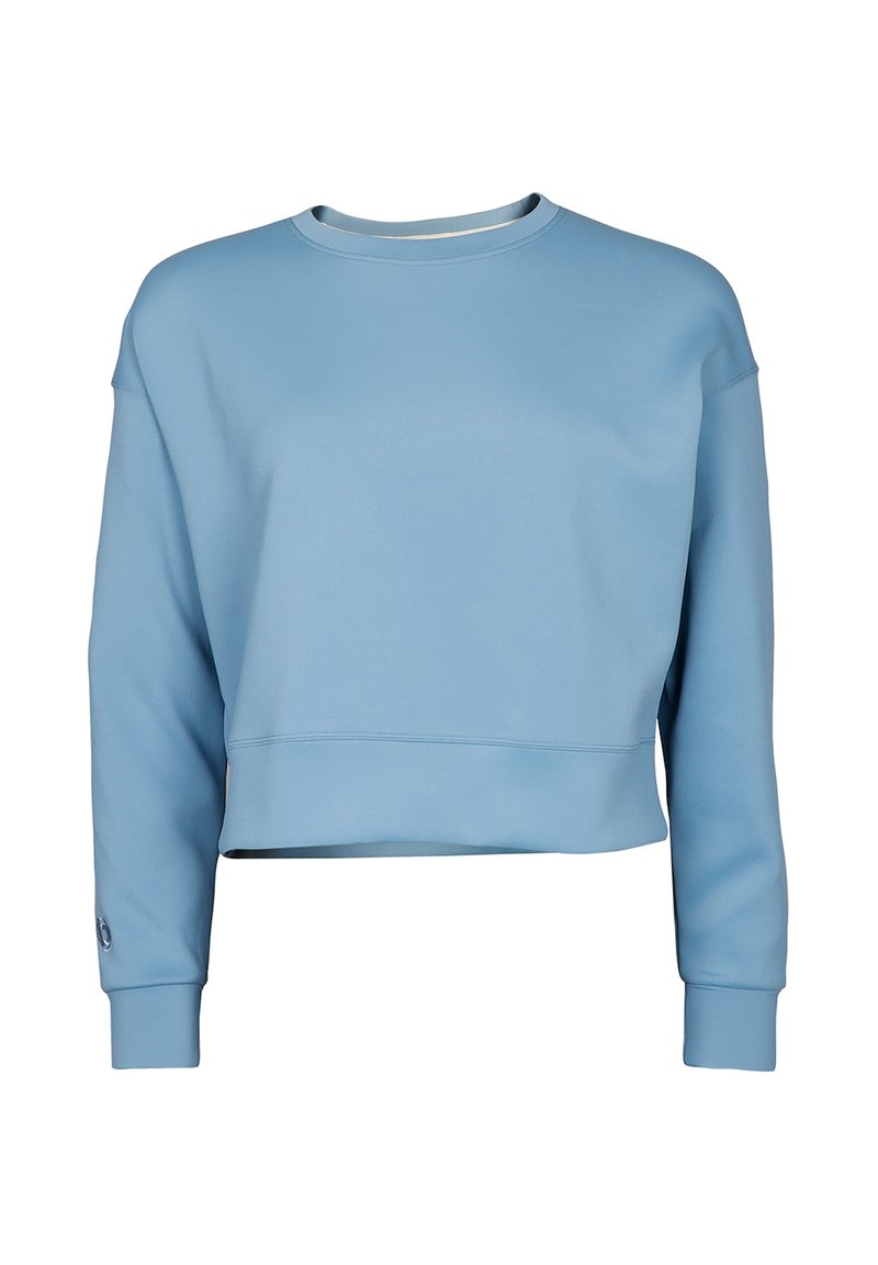 Ljusblå cropped sweatshirt med långa ärmar, ribbad rund halsringning och sömdekoration längs fållen och ärmarnas kant. Slät tygtextur.
