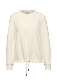 Sudadera de crema con mangas largas, cuello redondo y dobladillo elástico que presenta un cordón y un cierre de toggle para ajuste.