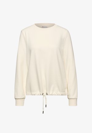 Sudadera de crema con mangas largas, cuello redondo y dobladillo elástico que presenta un cordón y un cierre de toggle para ajuste.