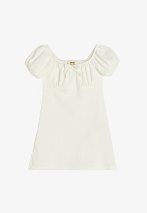 Abito corto bianco con maniche a sbuffo, scollatura quadrata e dettaglio con fiocco anteriore. Tessuto testurizzato che offre una leggera arricciatura.