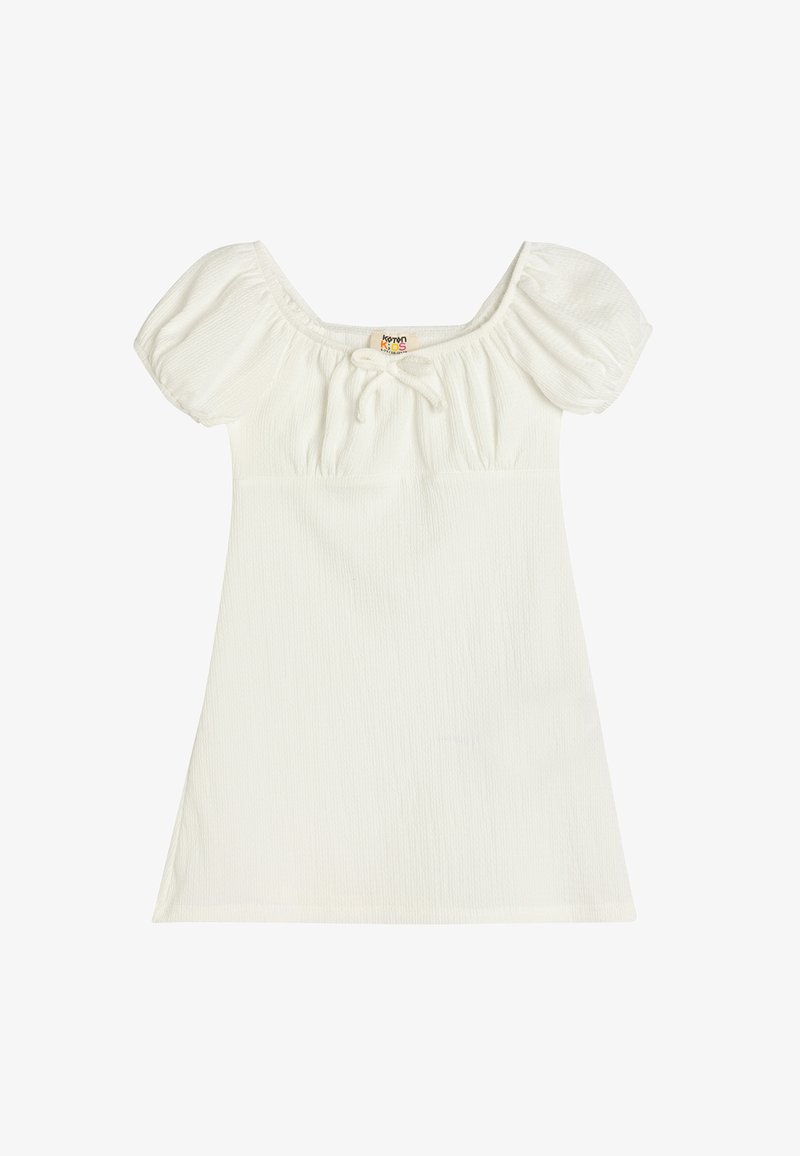 Abito corto bianco con maniche a sbuffo, scollatura quadrata e dettaglio con fiocco anteriore. Tessuto testurizzato che offre una leggera arricciatura.