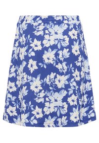 Fustă florală în nuanțe de albastru și alb, cu o textură din bumbac, formă A-line și o margine ondulată cu un model floral vibrant.