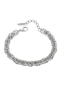 Bracciale in argento con anelli circolari intrecciati, finitura testurizzata e chiusura a gancio con catena regolabile.